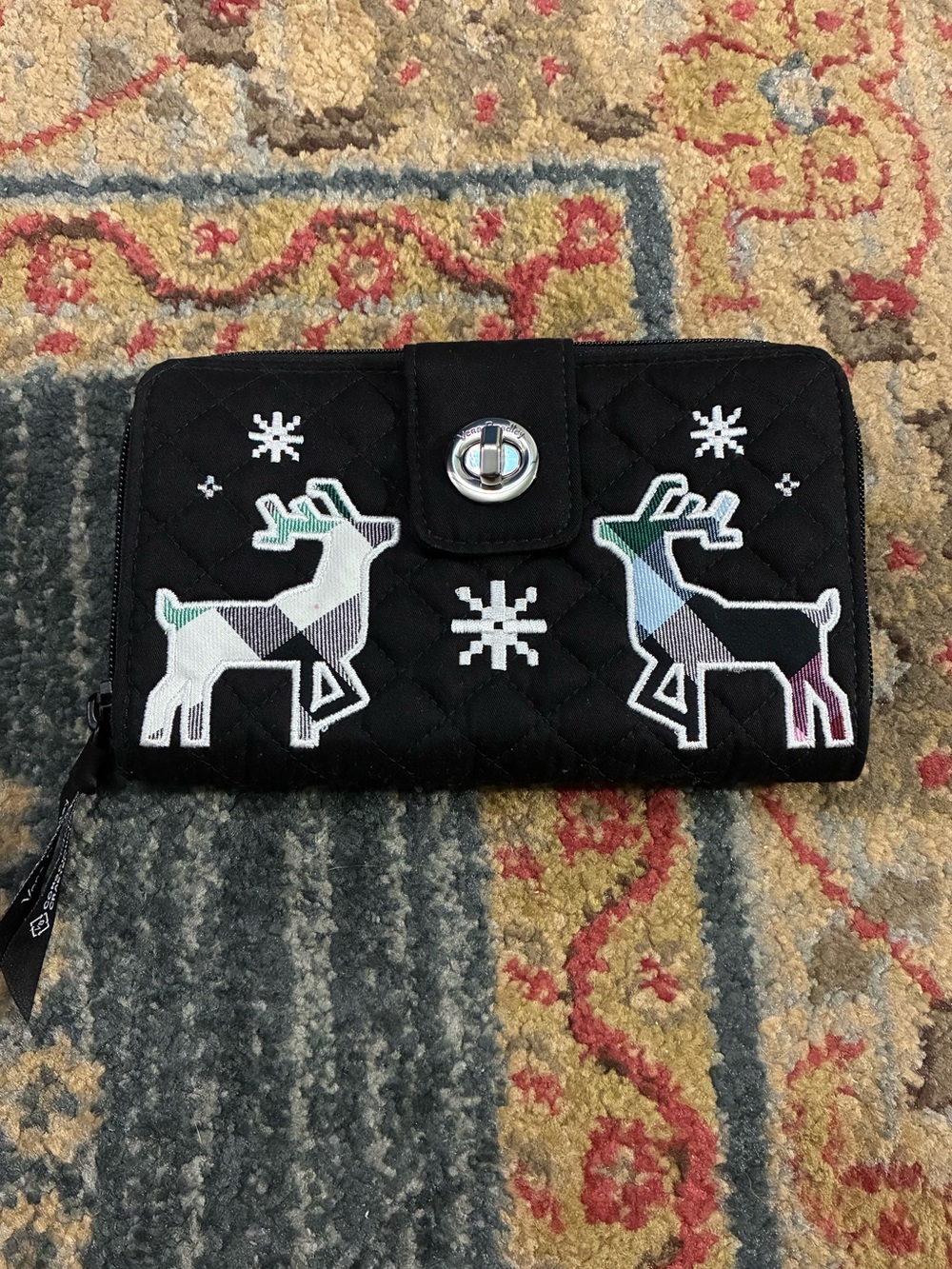 Vera Bradley Black Quilted Wallet with Geometric Reindeer Embroidery